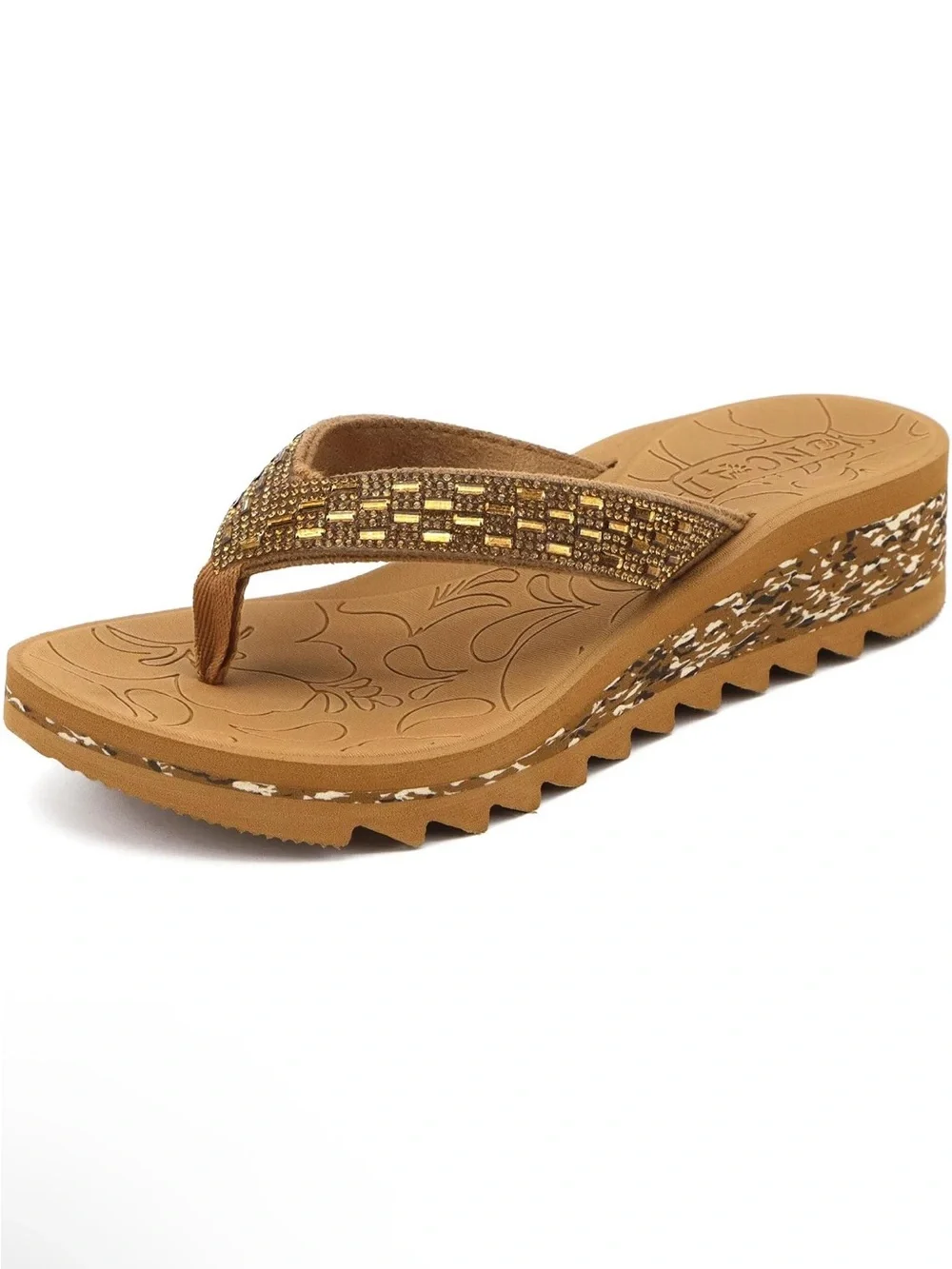 Oncai Wedge Flip-Flop Sandal in Brown with Gold Accents